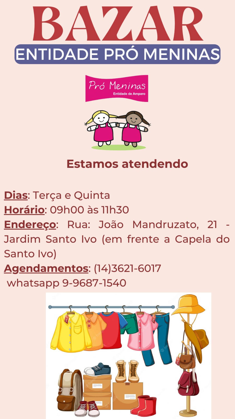 Bazar Pro Meninas aberto de terça e quinta